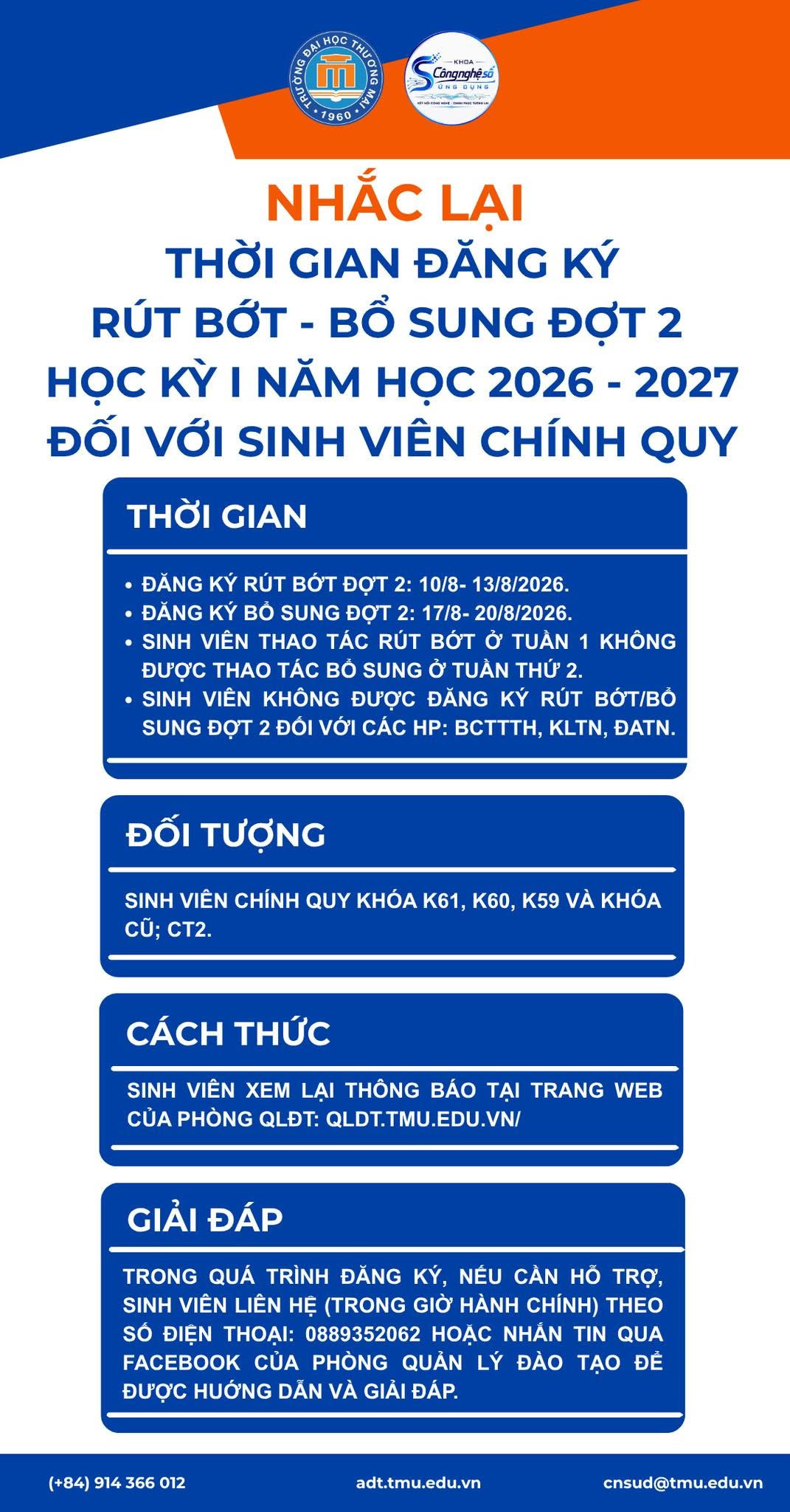 [THÔNG BÁO] NHẮC LẠI THỜI GIAN ĐĂNG KÝ RÚT BỚT - BỔ SUNG ĐỢT 2 HỌC KỲ I NĂM HỌC 2026 - 2027 ĐỐI VỚI SINH VIÊN CHÍNH QUY