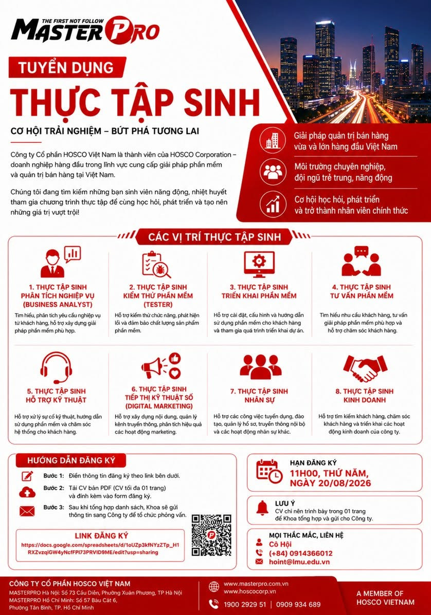 CƠ HỘI THỰC TẬP DÀNH CHO SINH VIÊN – CÔNG TY CỔ PHẦN HOSCO VIỆT NAM