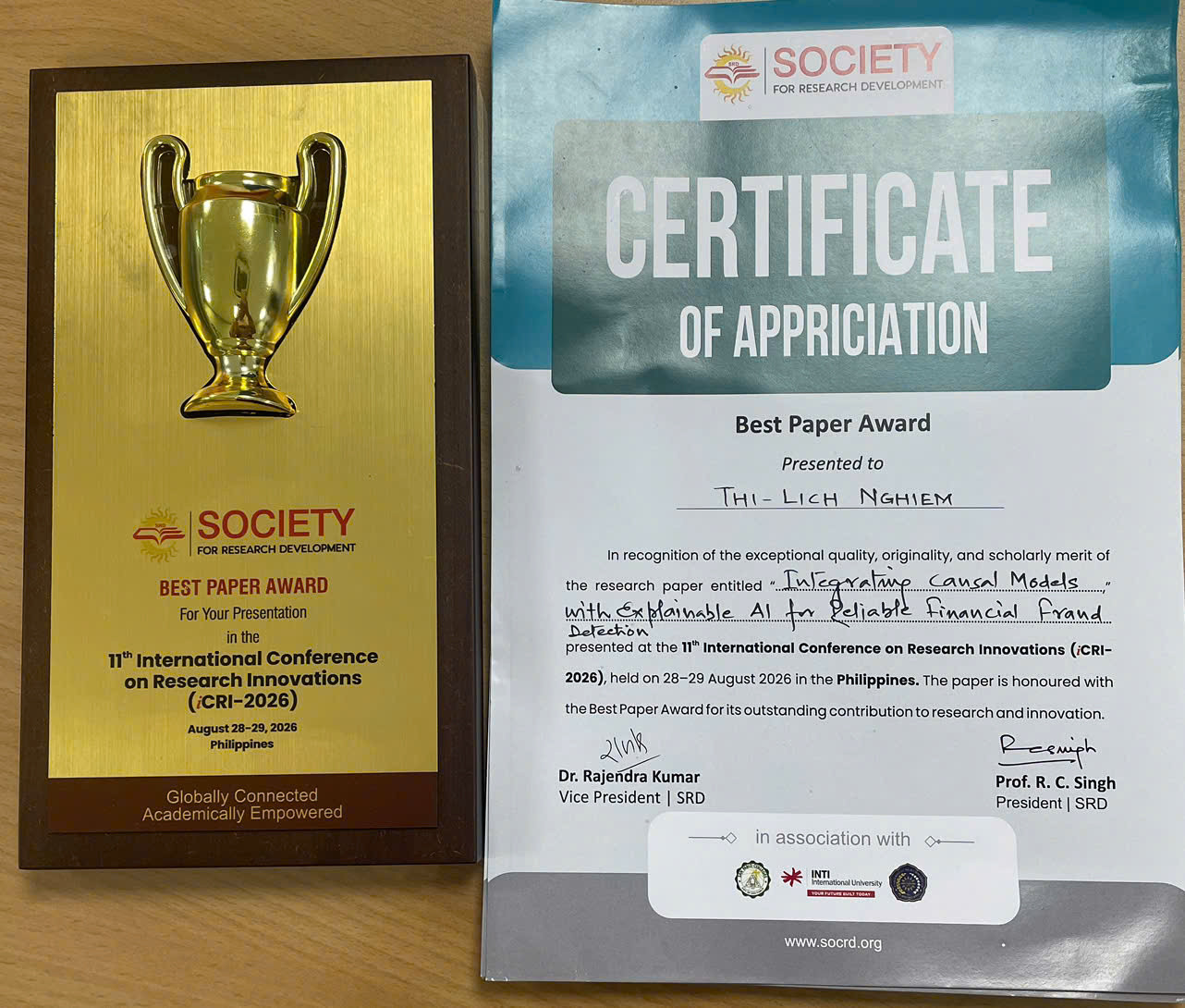 GIẢNG VIÊN KHOA CÔNG NGHỆ SỐ ỨNG DỤNG XUẤT SẮC GIÀNH GIẢI BEST PAPER AWARD TẠI HỘI THẢO QUỐC TẾ ICRI-2026
